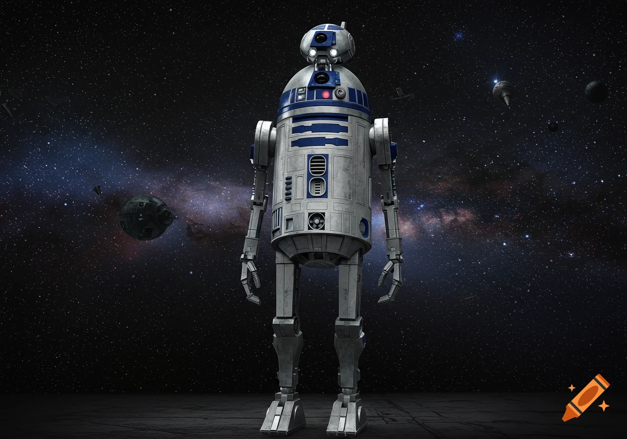 A white and blue R2-D2 droid with arms stands on a dark platform, looking out at a detailed starfield with distant planets and nebulae.
