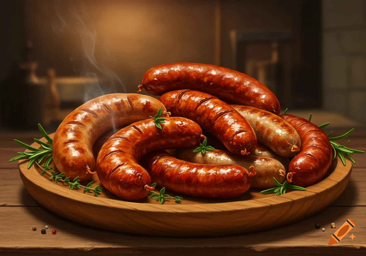 A wooden plate piled high with steaming, cooked sausages and fresh herbs on a wooden table.