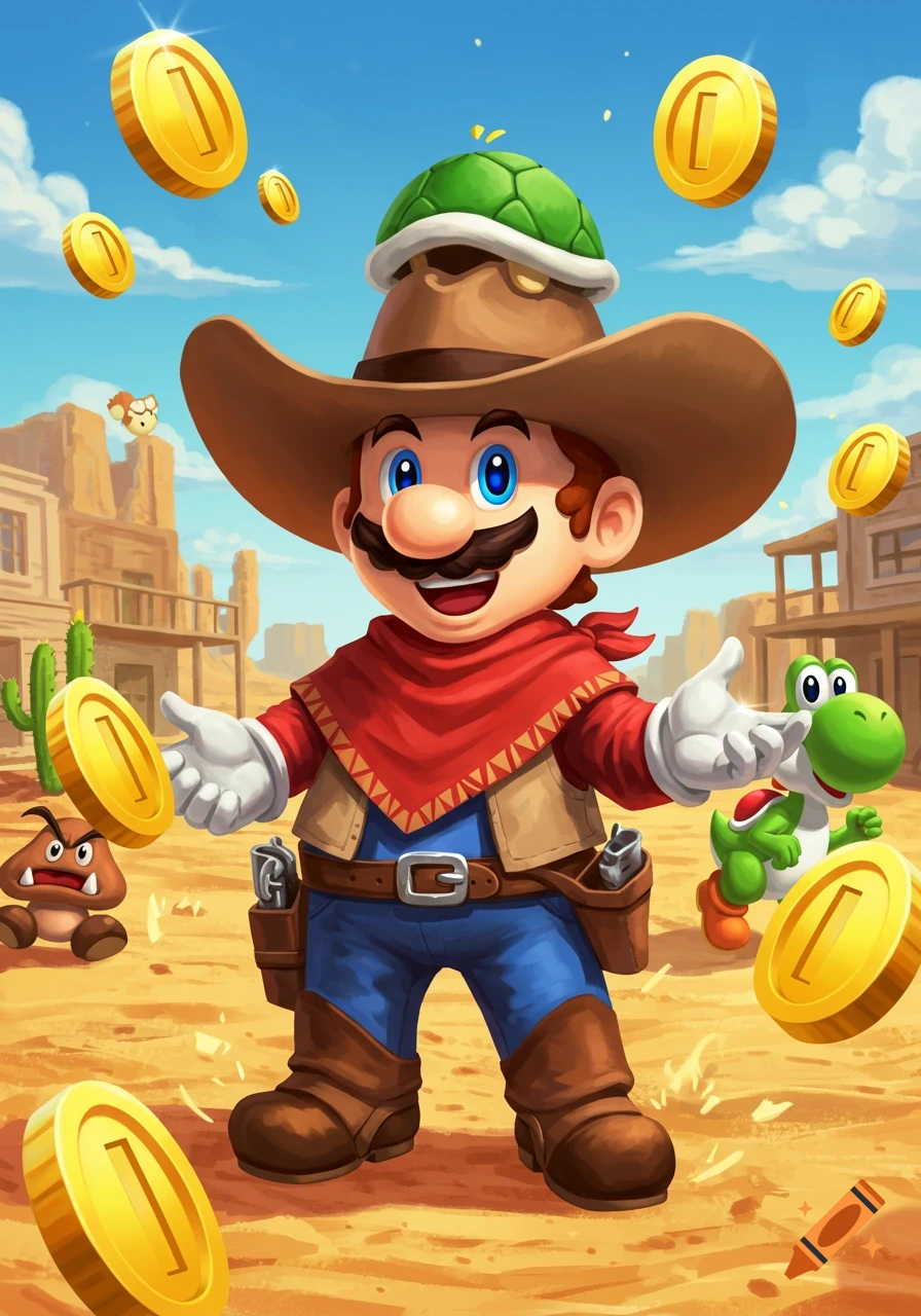 Mario as a cowboy wearing a Koopa shell hat, with coins, Goomba, and Yoshi in a desert scene.