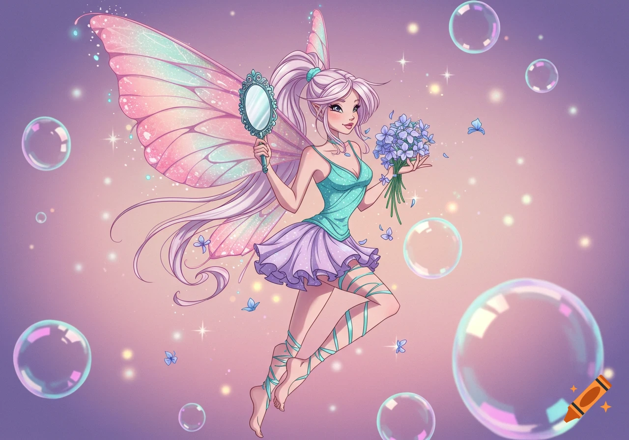 An anime fairy with pink hair holds a mirror and periwinkle flowers, floating amongst bubbles on a purple background.