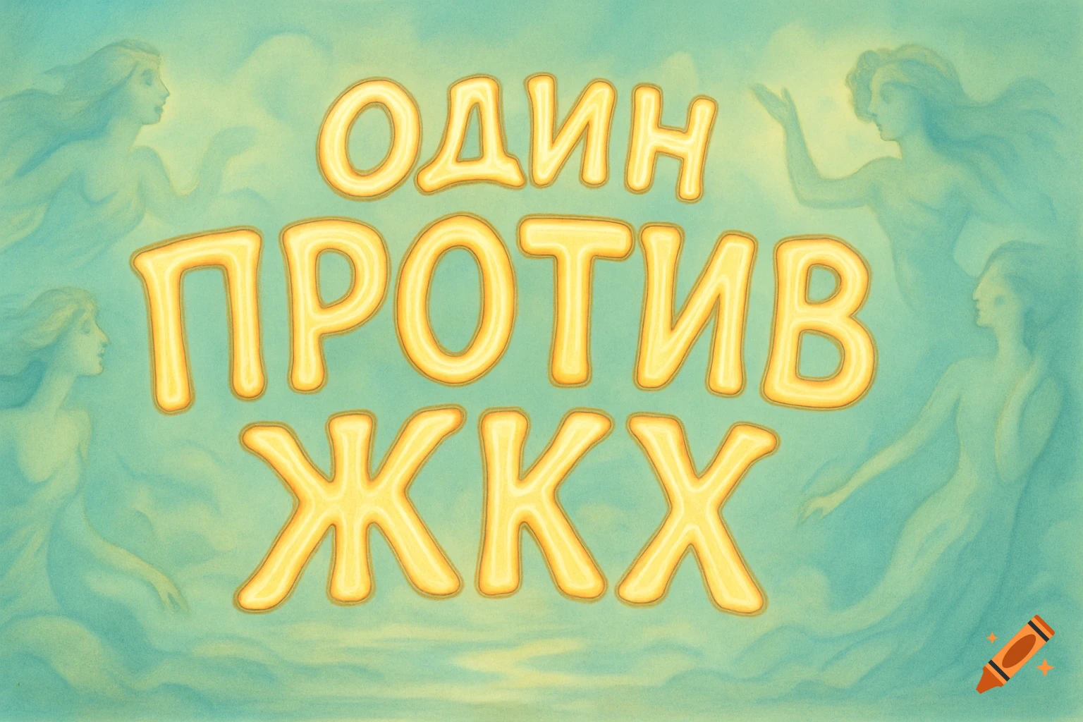 Glowing yellow text 'ОДИН ПРОТИВ ЖКХ' on a teal background with ethereal nymph figures.
