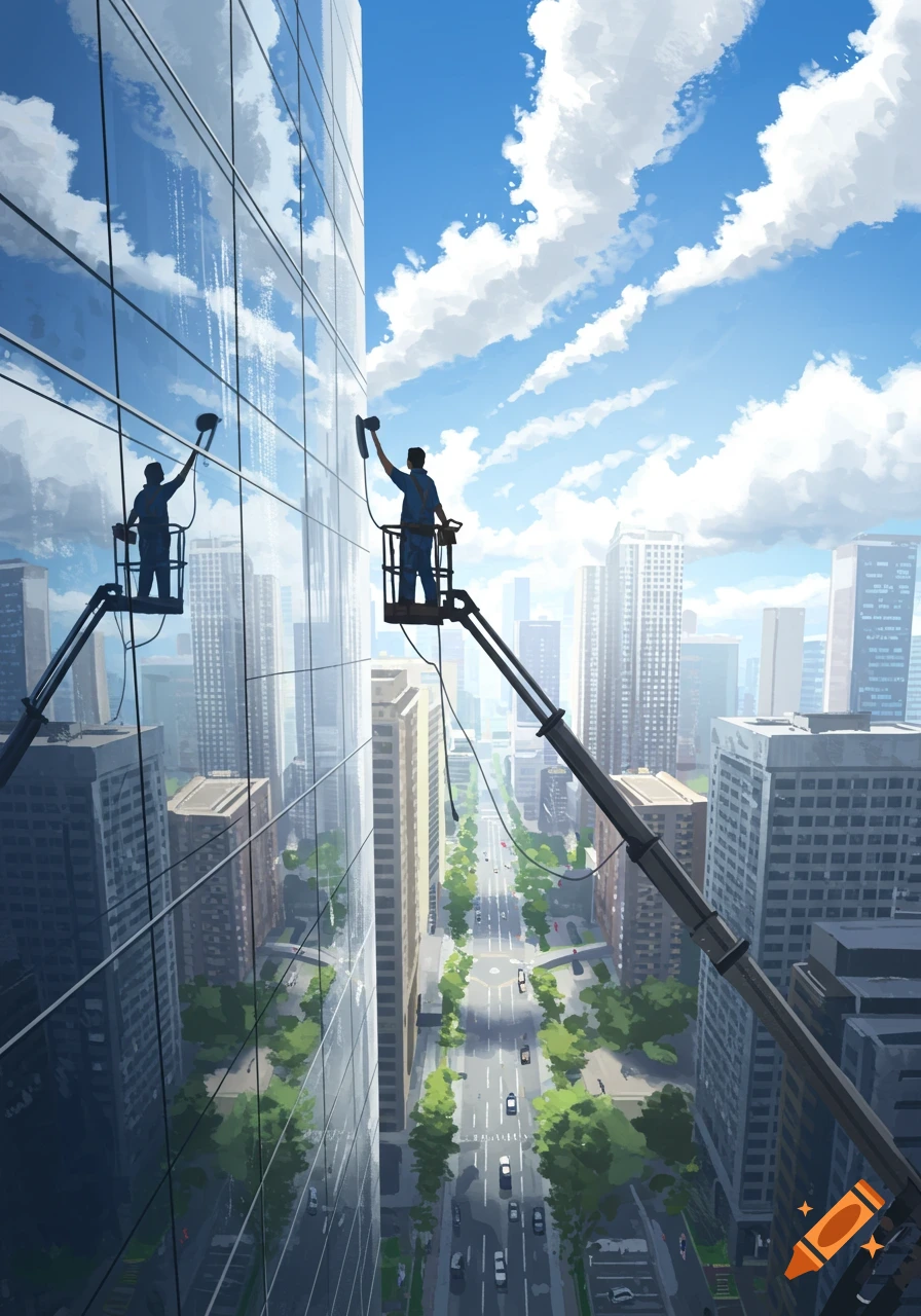 Two window cleaners on aerial platforms wash the windows of a tall skyscraper in a vibrant city illustration.