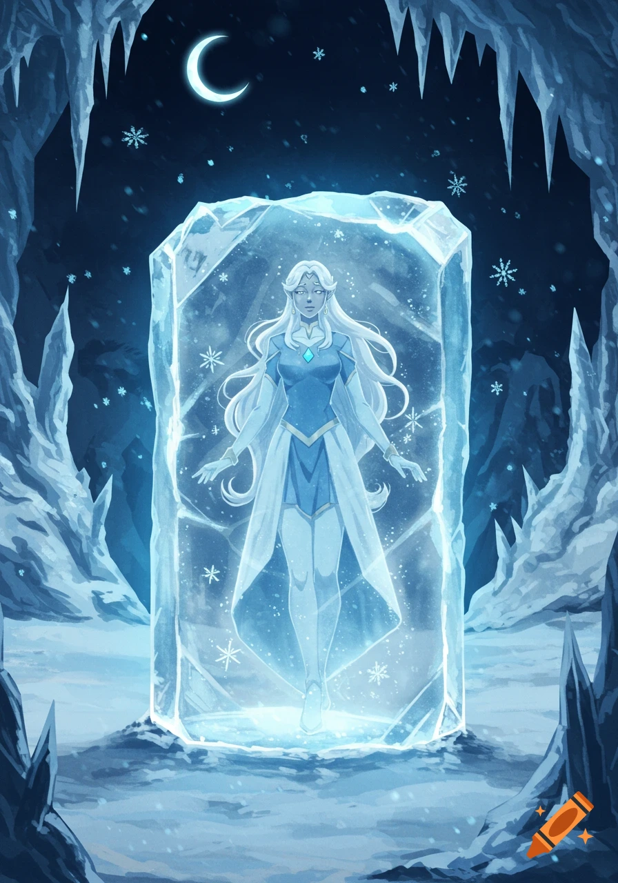 Princess Allura from Voltron frozen upright in a glowing ice block within a dark, icy cave with icicles, snow, and a crescent moon.