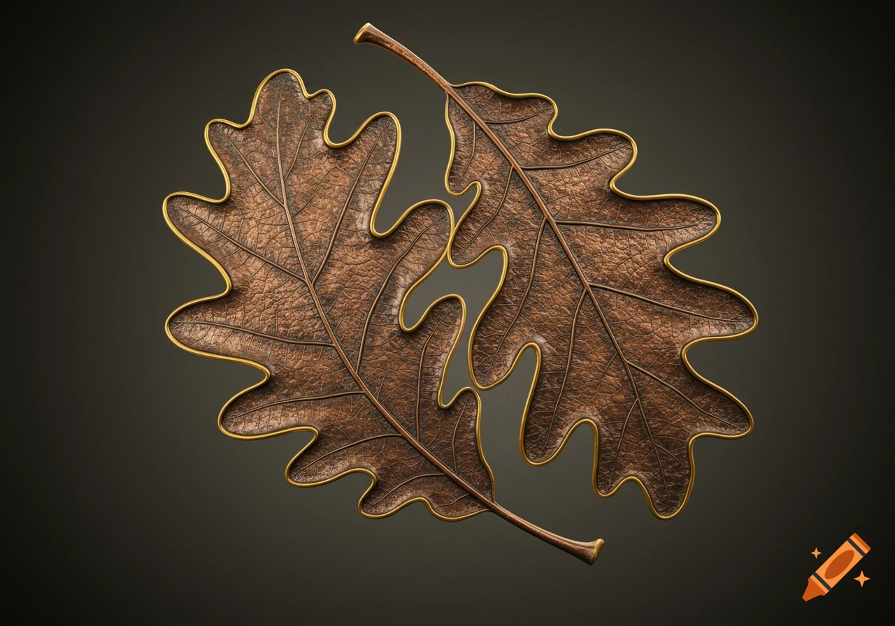 Two intricate bronze oak leaves with golden edges against a dark background.