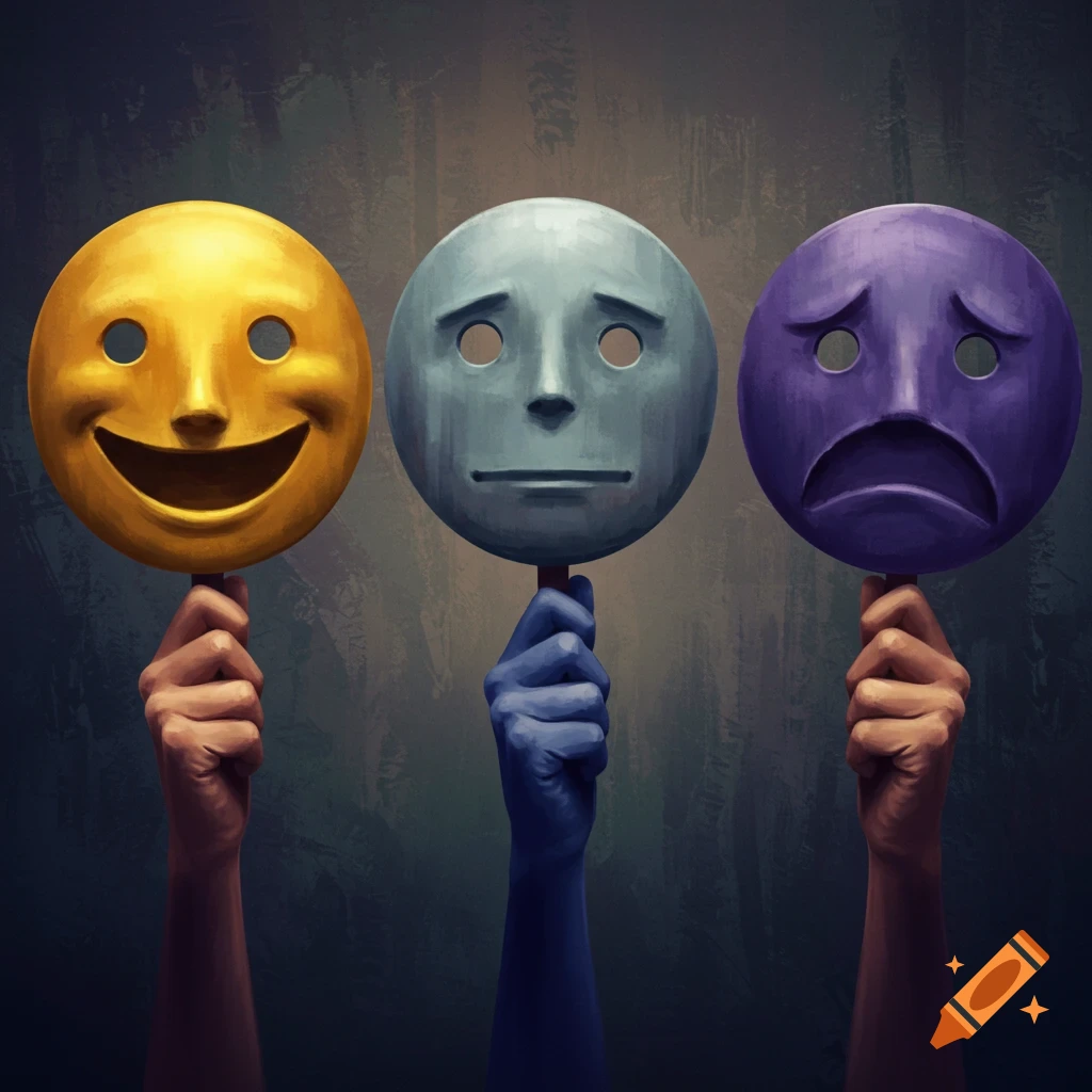 Three hands hold up emotional masks: one yellow smiling, one gray neutral, and one purple sad. Digital illustration.