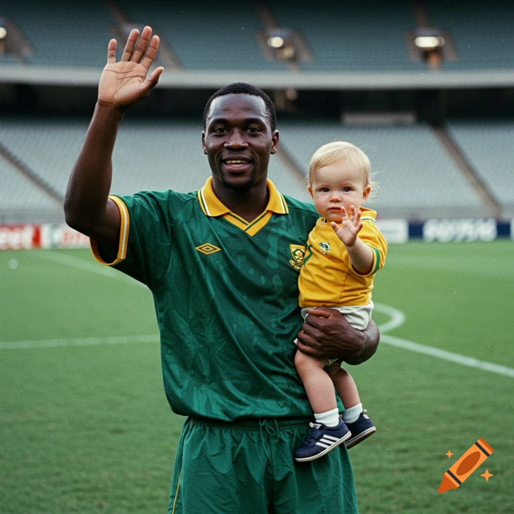 A South African soccer player in a green and yellow uniform holds a blonde baby on a field, both waving.