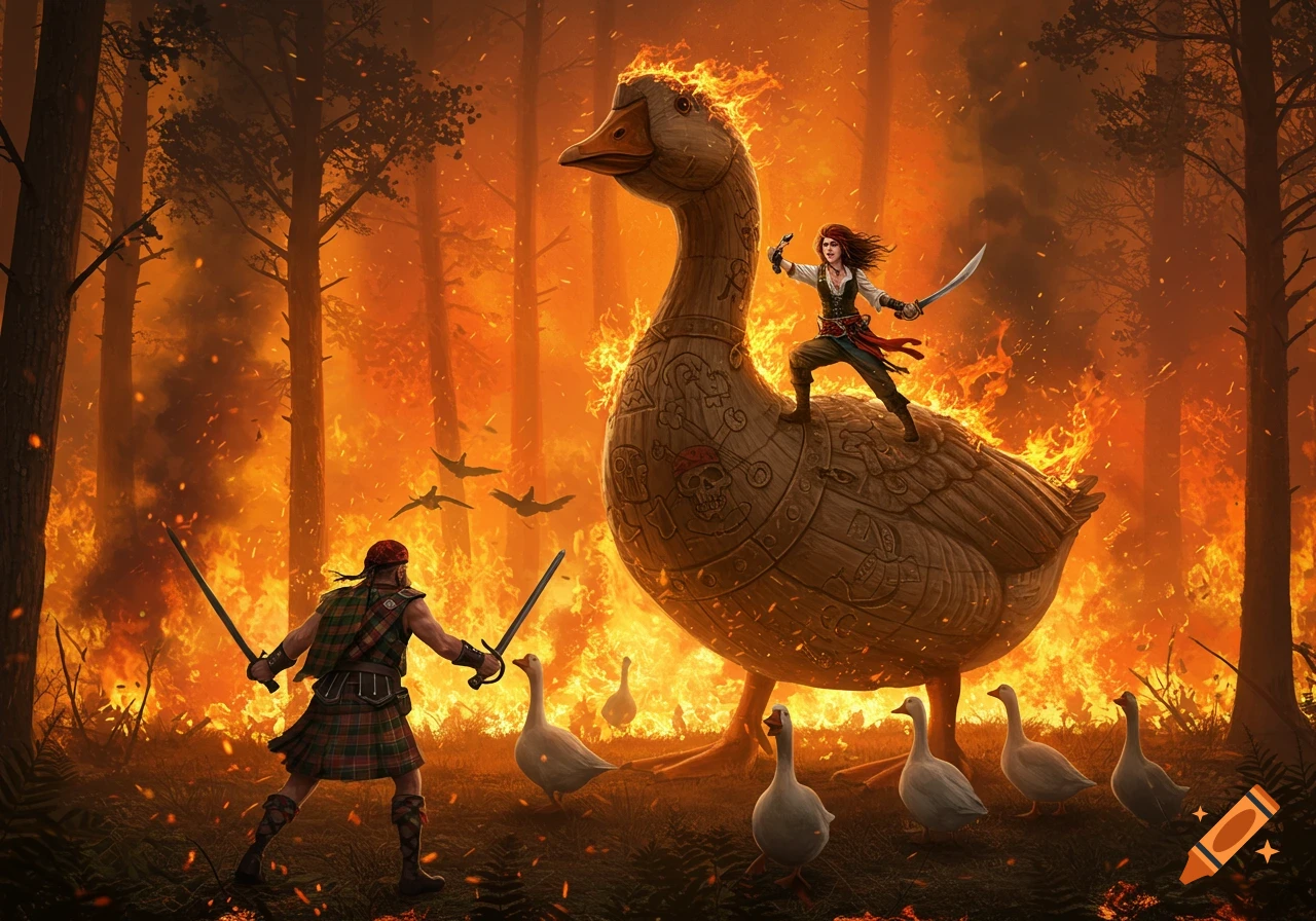 A pirate girl rides a flaming giant wooden goose as an angry Scotsman attacks smaller geese in a burning forest, fantasy illustration.