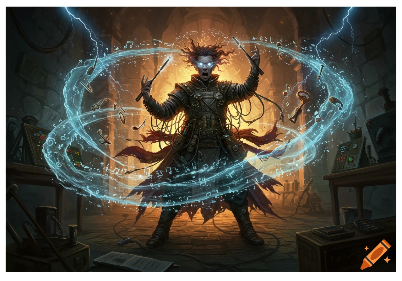 A mad alchemist with glowing eyes conjures musical notes and electricity in a dark, steampunk-like laboratory.