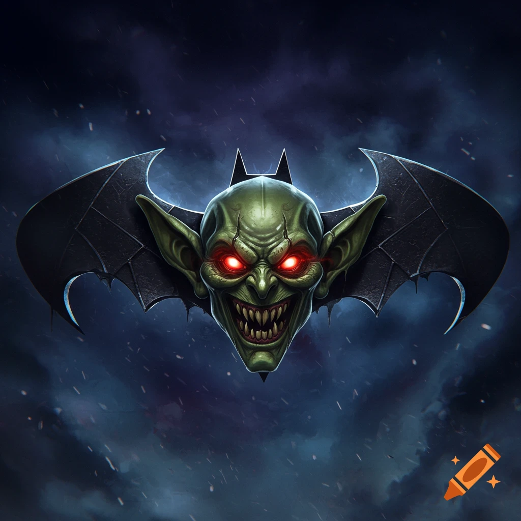 A monstrous green goblin head with glowing red eyes and sharp teeth is fused into a dark, winged bat symbol against a stormy background.