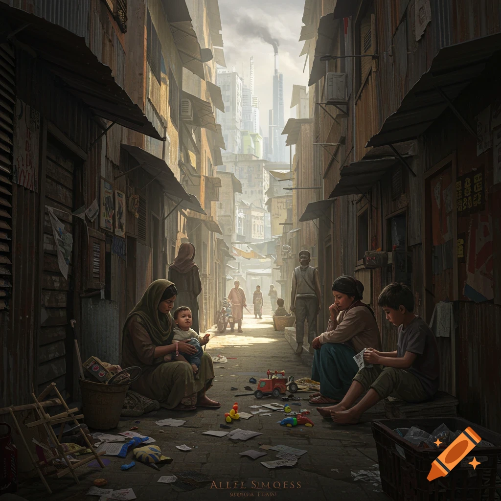 A photorealistic depiction of a crowded, narrow street in a slum, with people sitting on the ground, children playing, and makeshift buildings lining the path leading to modern city skyscrapers in the distance.