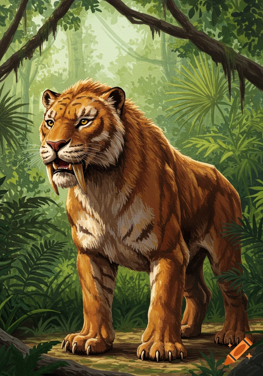A saber-tooth tiger stands in a lush jungle, rendered in a gouache illustration style.