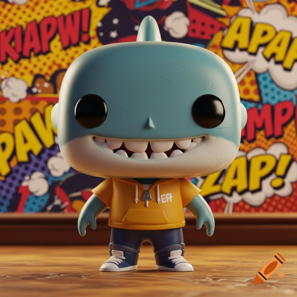 A Funko Pop figure of Jeff the Land Shark from Marvel Rivals stands on a wooden surface against a vibrant comic book-style background with sound effects.