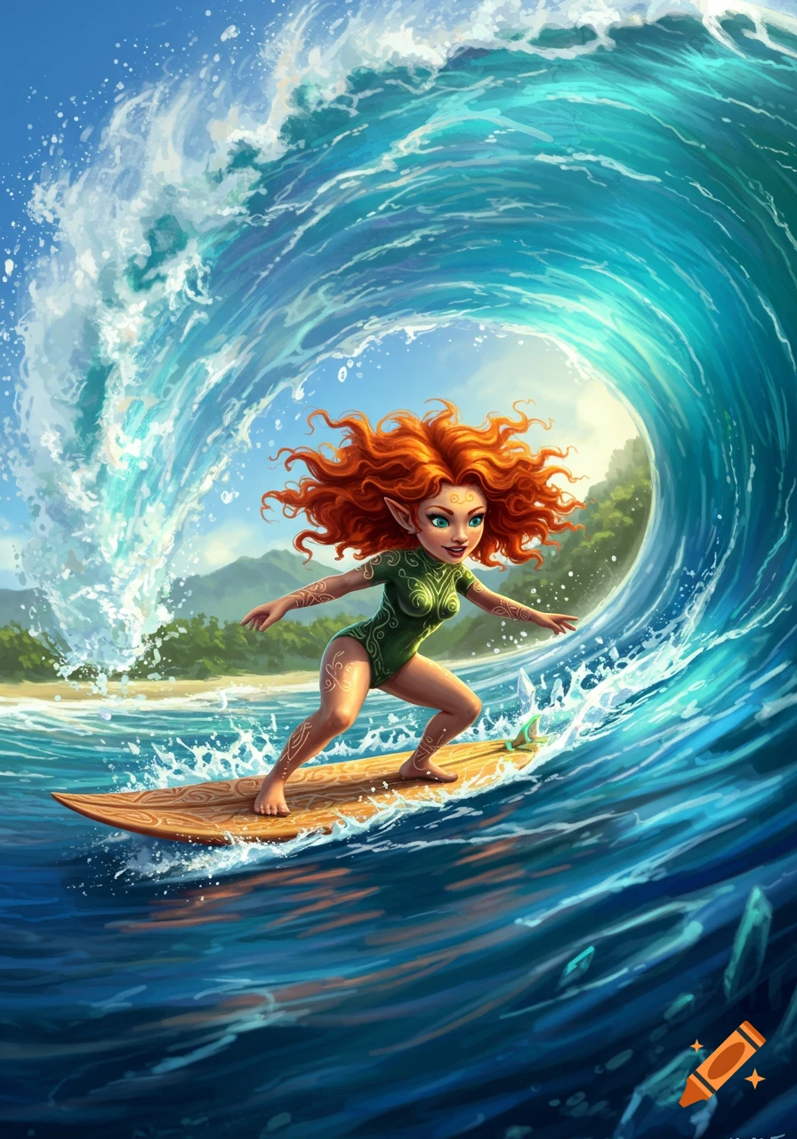 A vibrant cartoon illustration of a red-haired female gnome surfing a large blue wave with a tropical beach in the background.