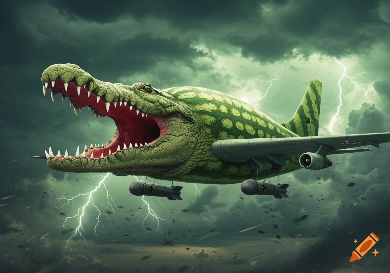 A surreal airplane with a giant crocodile head, a watermelon-patterned body, and nuclear bombs hanging underneath, flying through a stormy sky with lightning.