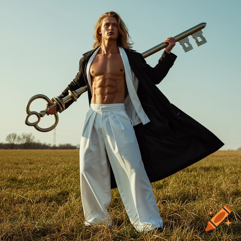 A muscular man with long blonde hair, wearing white pants and a black trench coat, holding a giant golden key in a grassy field.