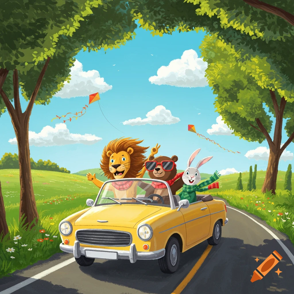 A cartoon lion, bear, and rabbit drive a yellow convertible on a sunny road trip through a green countryside. Kites fly overhead.