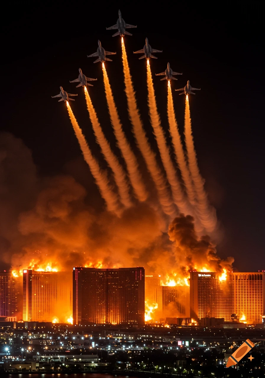 Photorealistic image of a Las Vegas cityscape engulfed in fire, with six F/A-18 Hornet fighter jets flying overhead, leaving orange contrails against a dark sky.