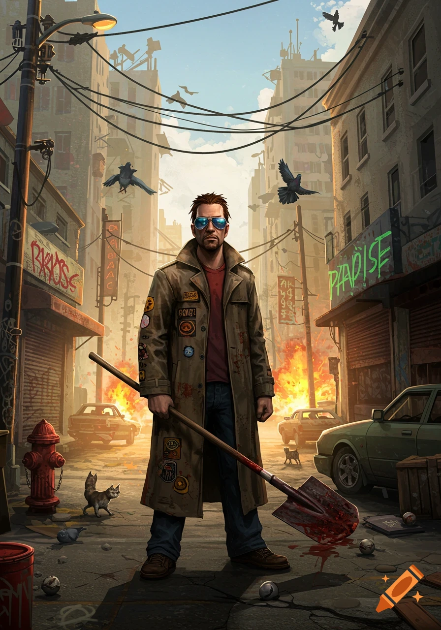 A man in sunglasses and a trench coat with patches holds a bloody shovel in a burning, chaotic city street.