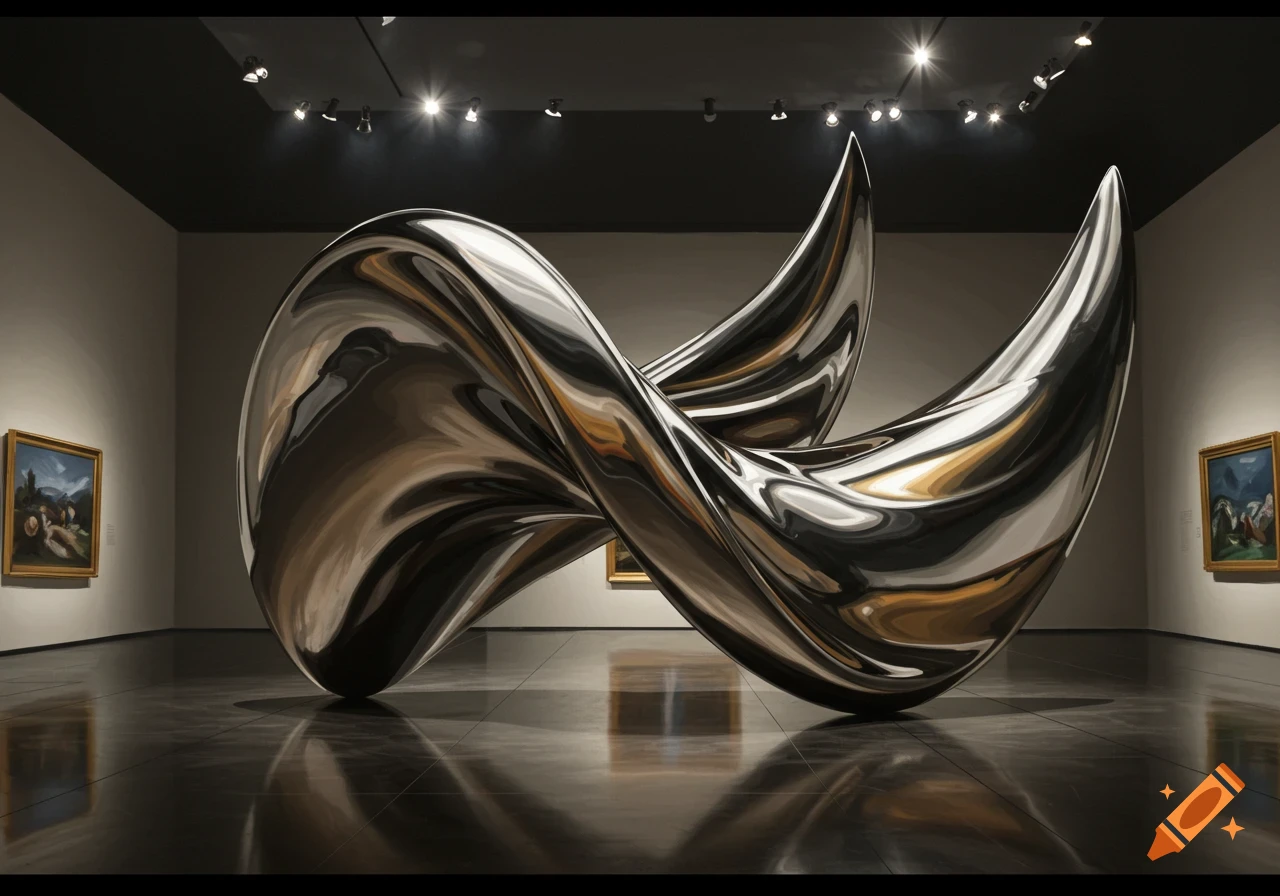 A large, twisting, abstract chrome sculpture in a modern art museum gallery with paintings on the walls.