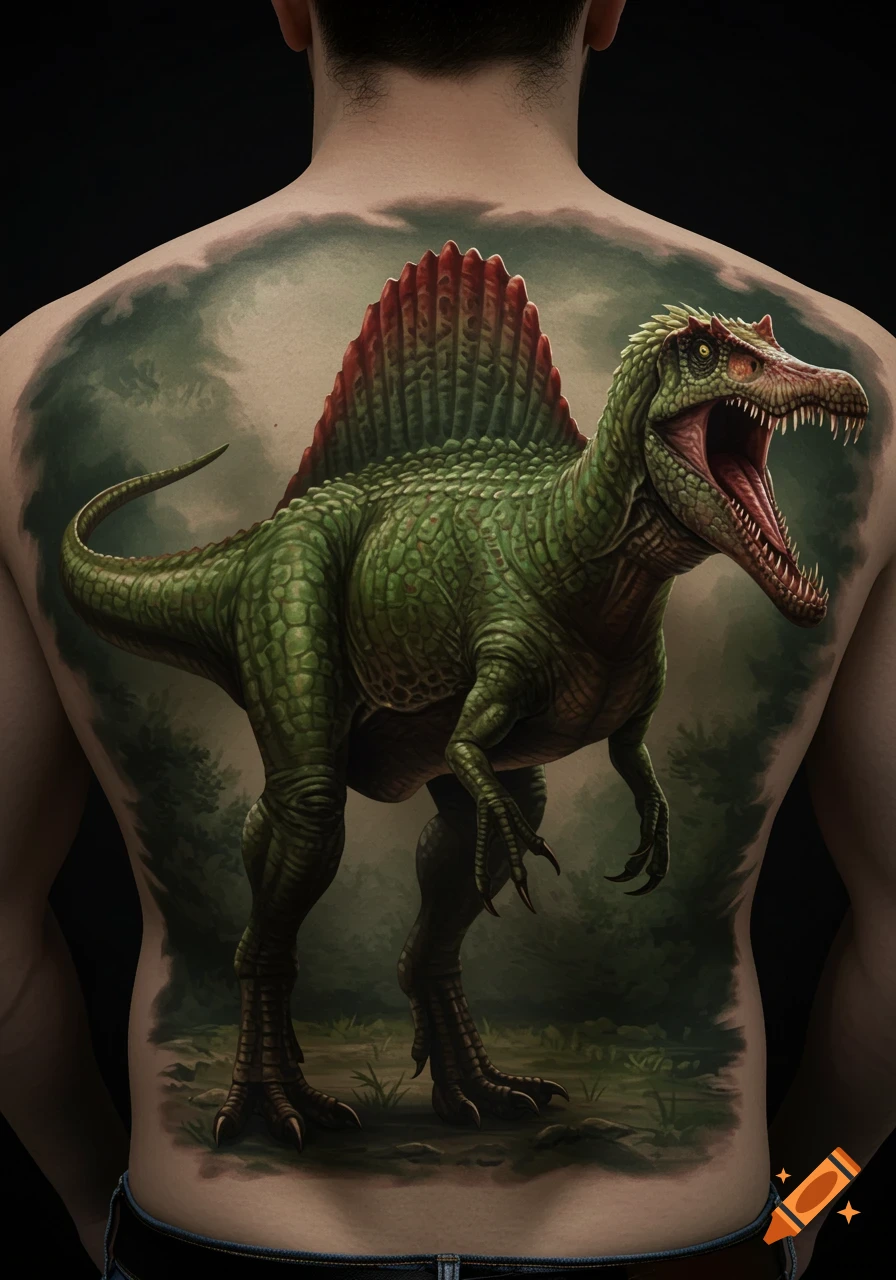 A detailed, realistic tattoo of a green Spinosaurus with a red sail on a person's back, set against a blurred green background.