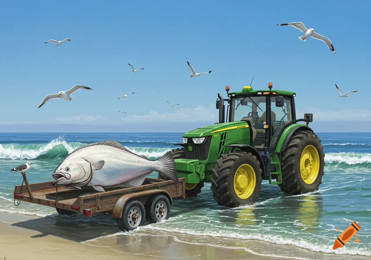 A green John Deere tractor pulls a trailer with a giant white halibut from the ocean onto a sandy beach under a blue sky, with seagulls flying above.