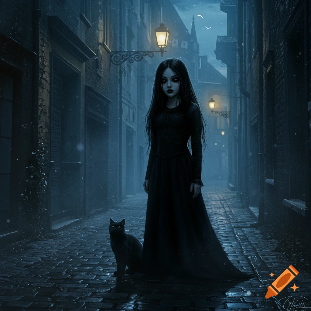 A gothic girl in a black dress stands in a dark, wet cobblestone alley with a black cat beside her, lit by street lamps.