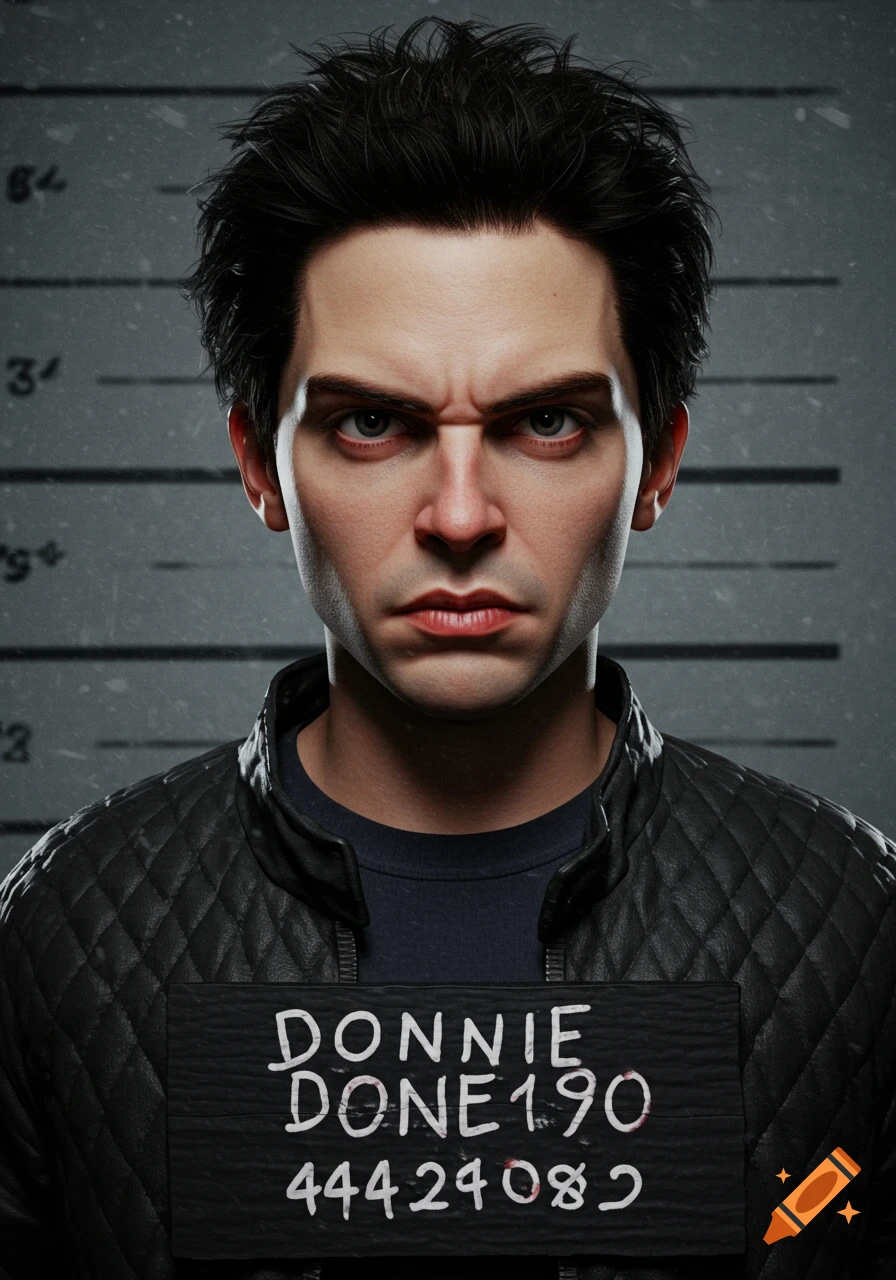A photorealistic portrait of a man resembling Donnie Darko, looking mad in a mugshot against a grey wall, wearing a quilted leather jacket.