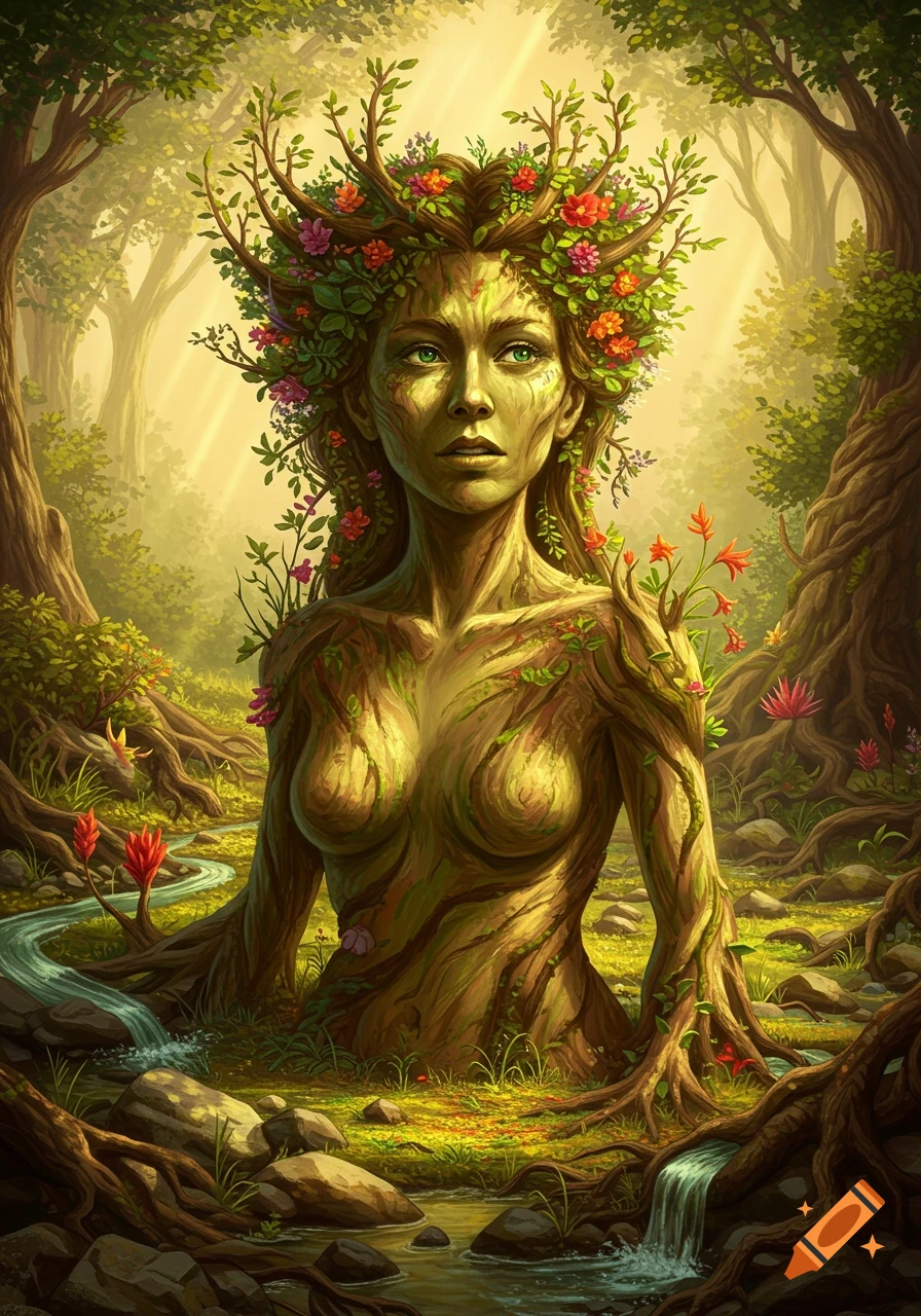 A beautiful stylized image of Mother Nature, a woman with a tree-like body and branches and flowers on her head, standing in a lush forest with a stream.