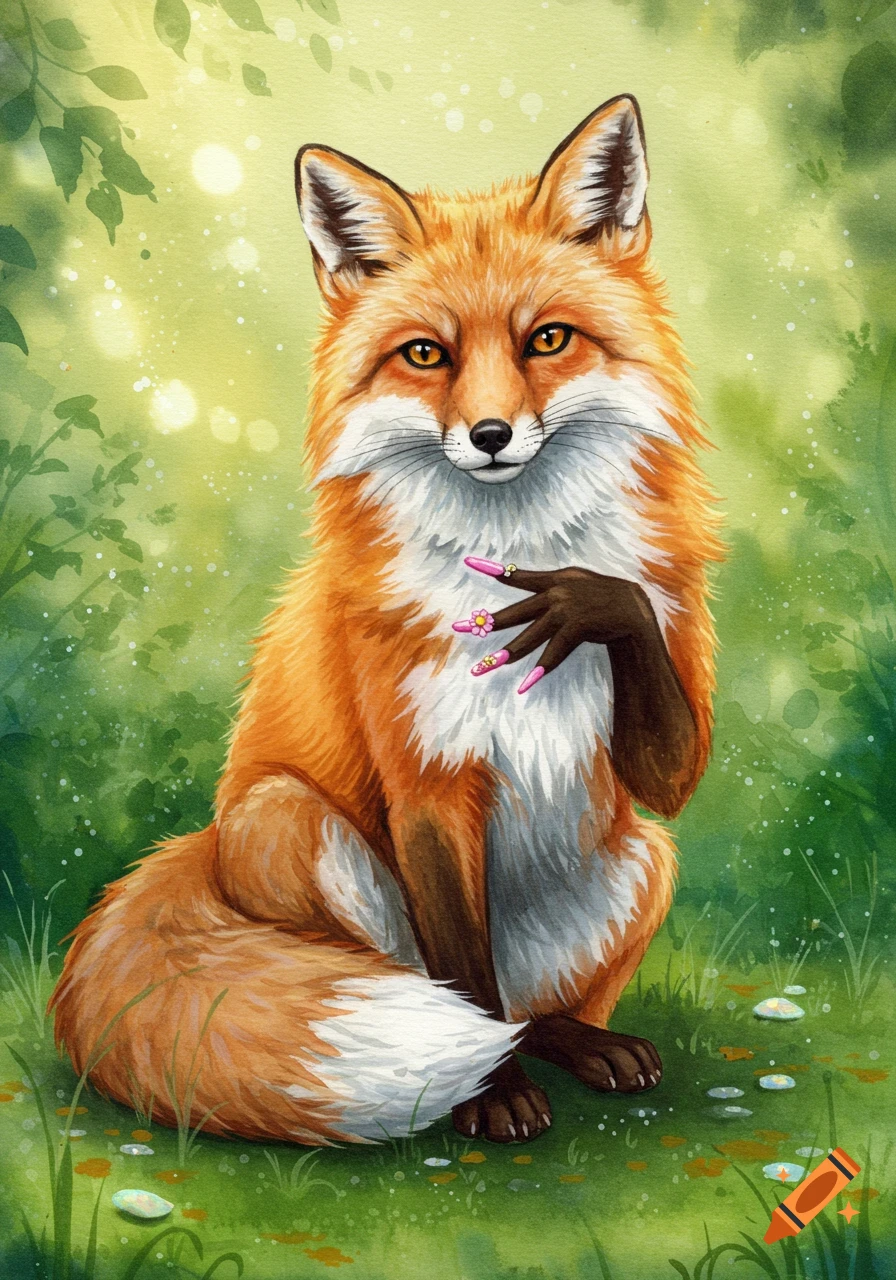 A watercolor painting of an orange fox sitting, displaying its dark human-like hand with long pink acrylic nails adorned with jewels and flower charms. The background is a soft green forest.