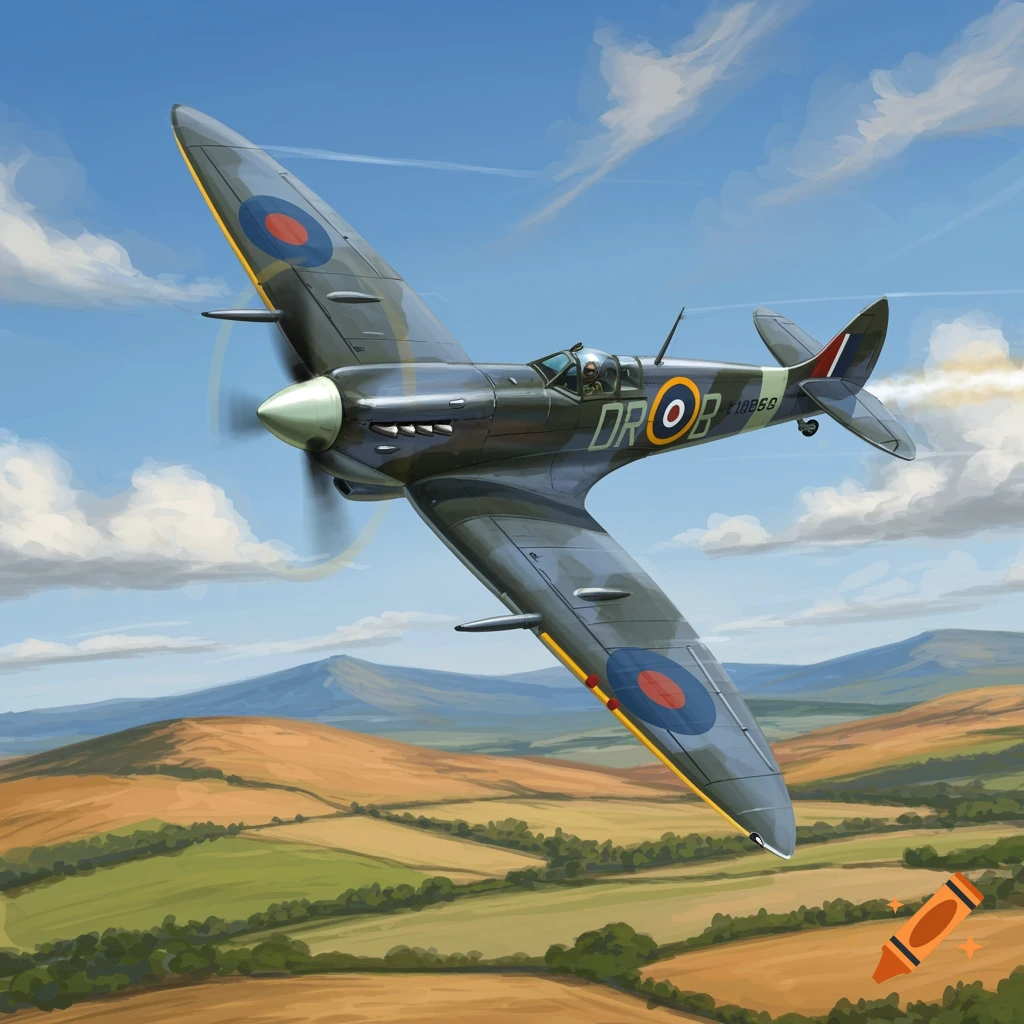 A Supermarine Spitfire airplane in dark camouflage flying at a steep bank over green and brown rolling hills under a blue sky, in an illustration style.