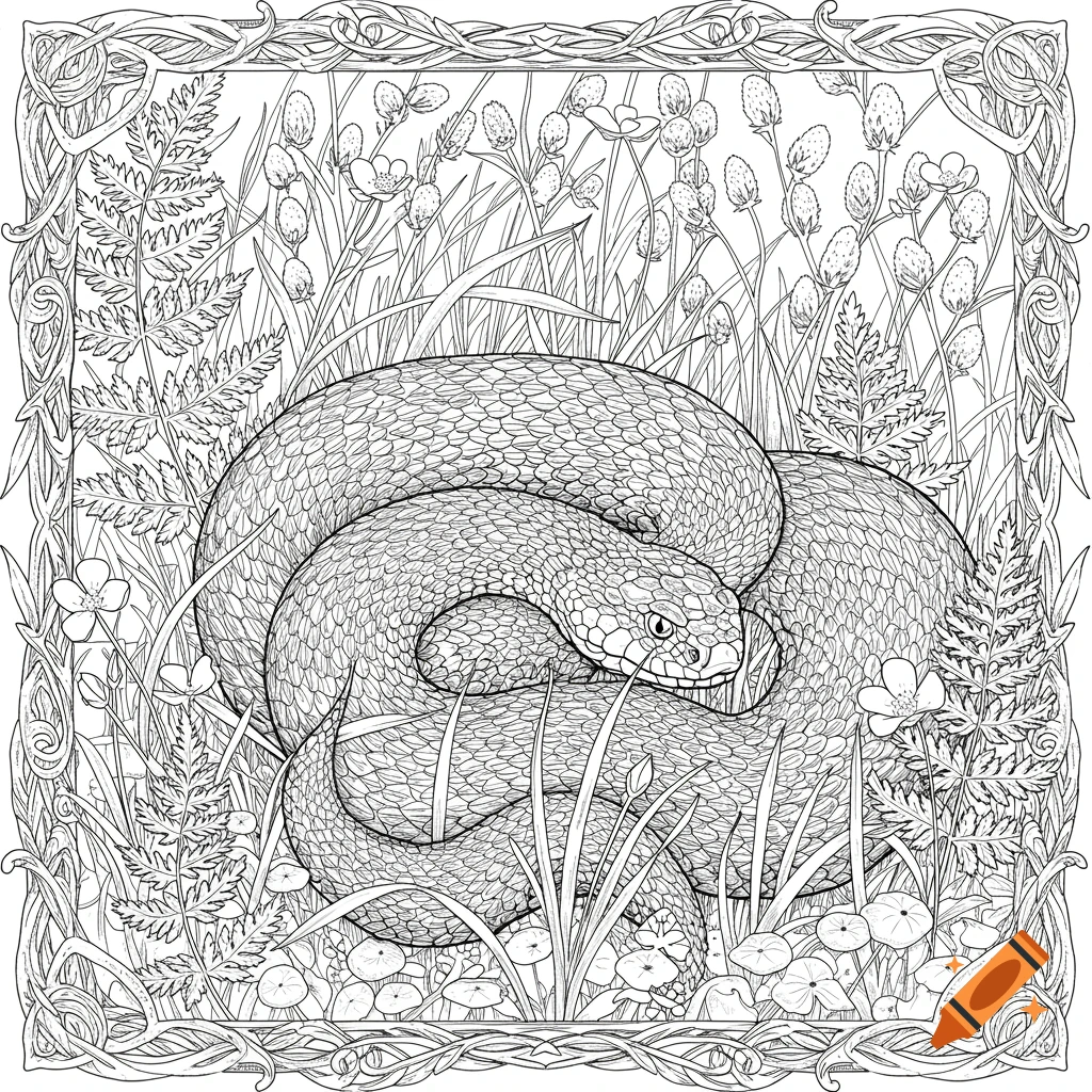 A detailed coloring book page showing a coiled adder snake in tall grass and wildflowers, surrounded by an ornate frame.