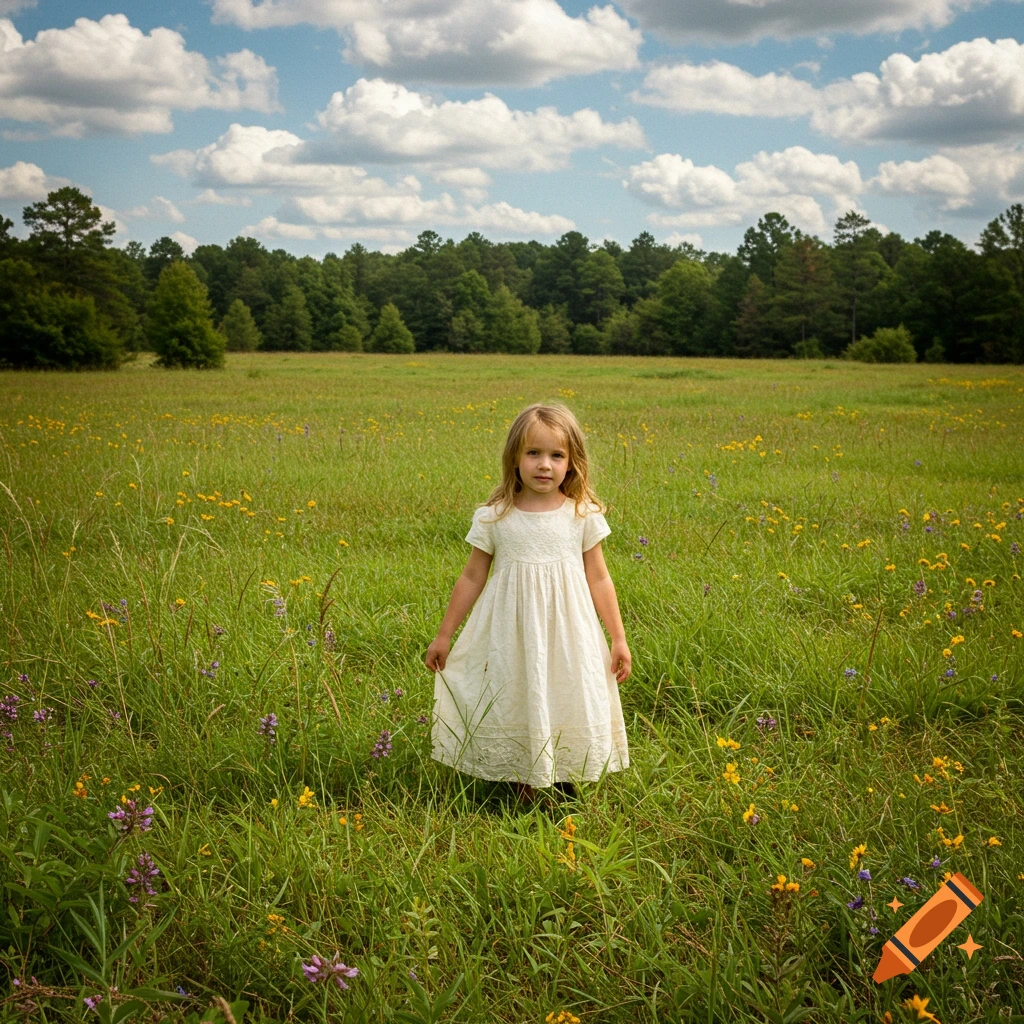 A young girl in a white dress stands in a green meadow filled with wildflowers under a cloudy sky.