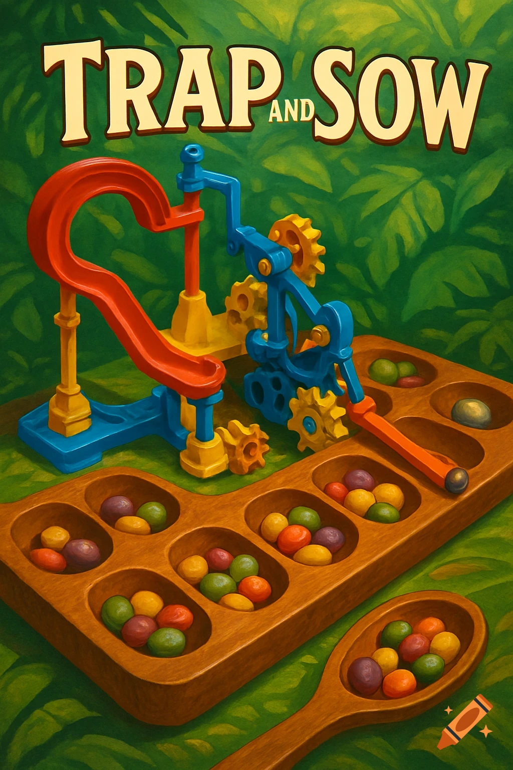 Colorful illustration of a board game combining Mouse Trap and Mancala, titled 'TRAP AND SOW', with a wooden board and bright mechanical parts.