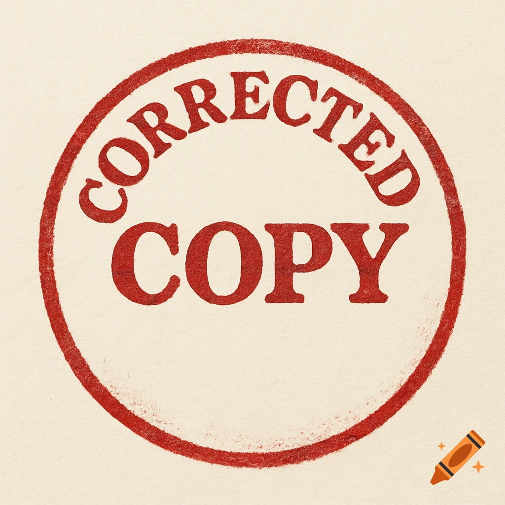 Red rubber stamp with "CORRECTED" arced at the top and "COPY" centered below it, on a light background.