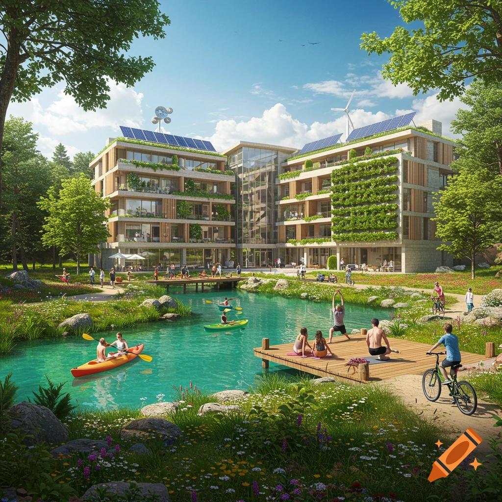 A modern sustainable hotel with solar panels and green walls by a lake, surrounded by trees, with people enjoying leisure activities.