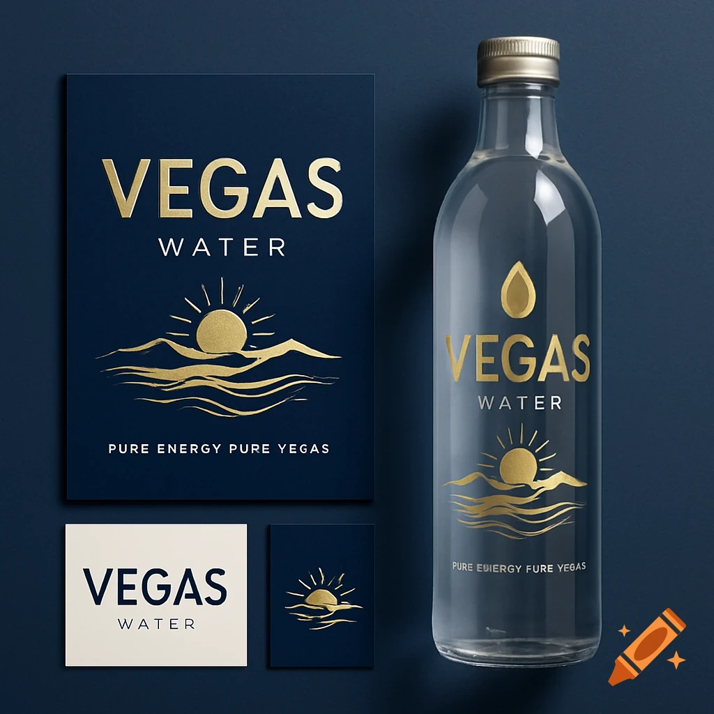 Vegas Water branding featuring a glass bottle, dark blue and white cards with gold text and a sun and waves logo.