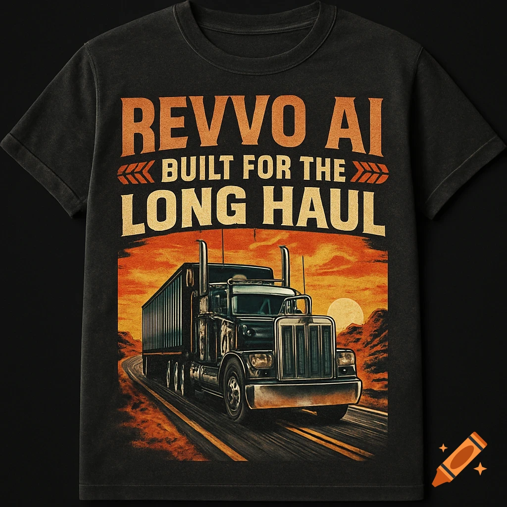 Vintage-style black t-shirt with a dark 18-wheeler truck on a desert road at sunset. Text reads 'REVVO AI BUILT FOR THE LONG HAUL'.