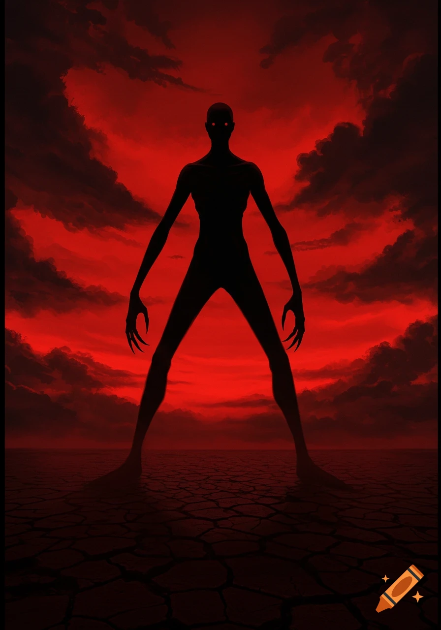 A tall, shadowy humanoid figure with glowing red eyes and clawed hands stands on cracked ground against a blood-red sky with dark clouds.