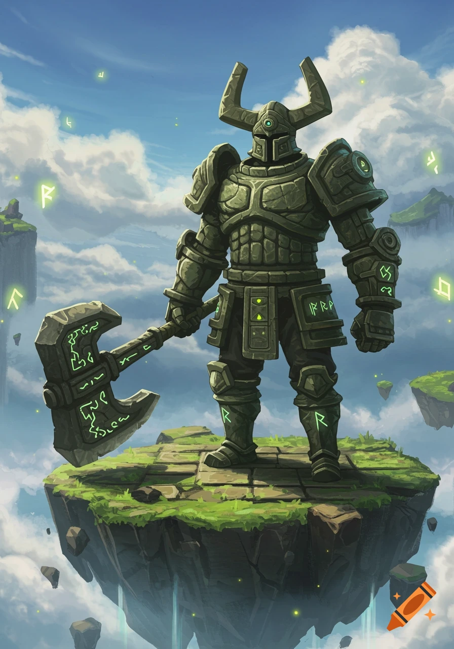 A giant stone knight with a horned helmet and axe stands on a floating island in a cloudy sky with glowing runes.
