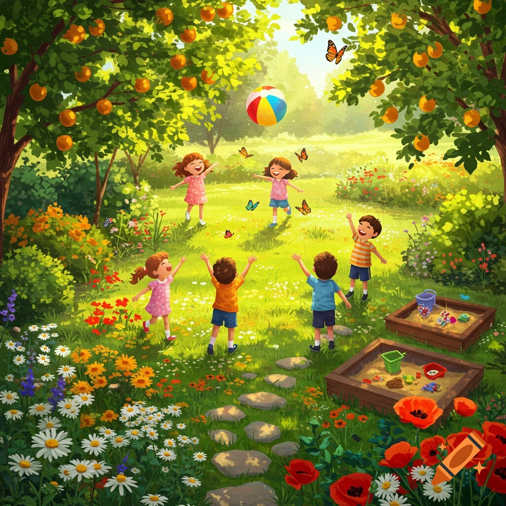 Six cheerful children play with a ball in a vibrant, sunlit garden filled with flowers, trees, and butterflies.