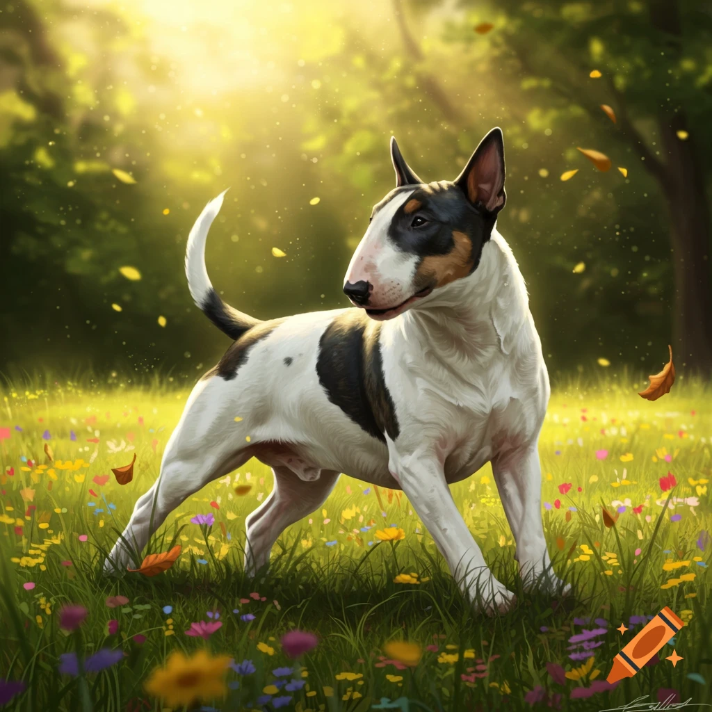 An English Bull Terrier stands in a sunlit field of colorful wildflowers with falling leaves.