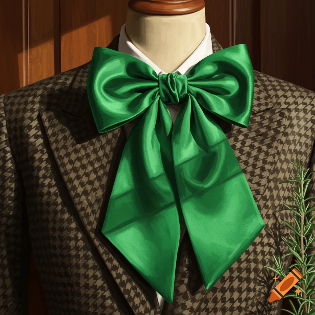 A vibrant green bow tie on a mannequin wearing a brown houndstooth suit and white shirt, with rosemary sprigs.