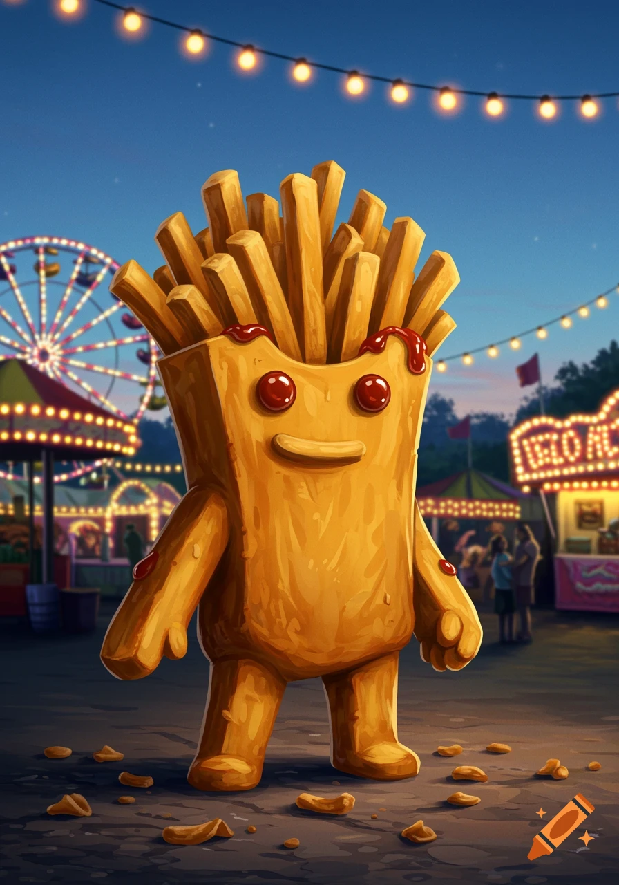 A happy anthropomorphic french fries character with ketchup eyes and mouth stands at a bustling carnival at dusk with a Ferris wheel and lights.
