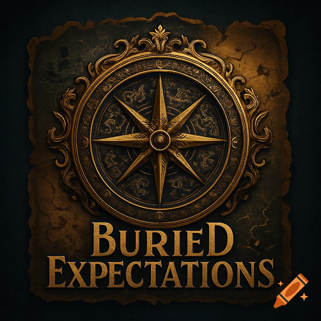 Golden ornate compass rose logo on dark, textured background with text 'Buried Expectations'.