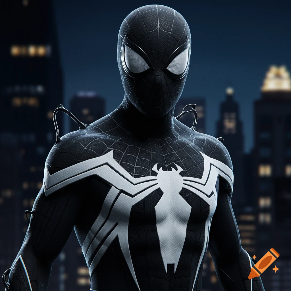 Close-up of Spider-Man in a black and white symbiote suit against a blurry city night background.