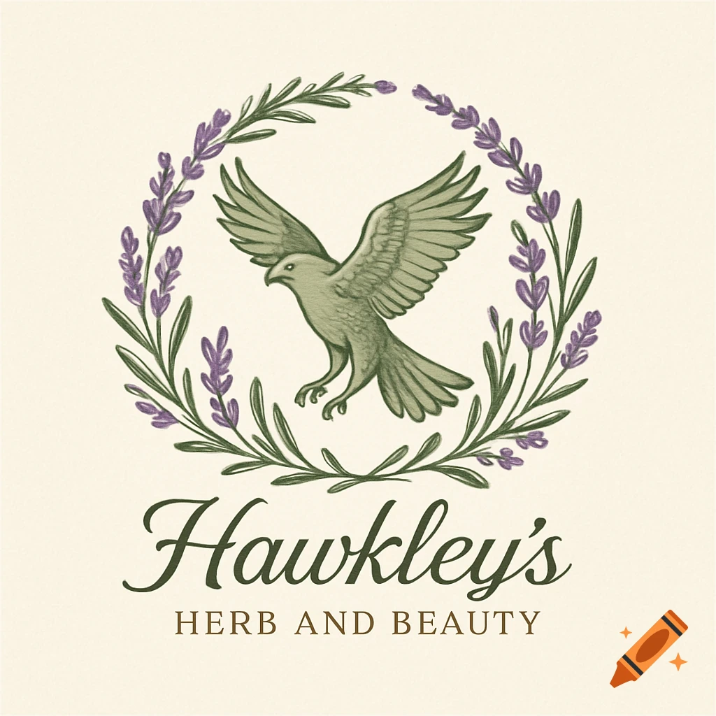 Vintage-style logo with a green bird within a lavender wreath, above 'Hawkley's HERB AND BEAUTY' text.