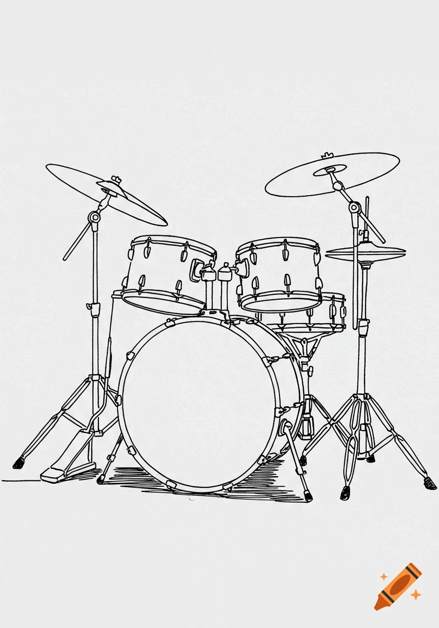 Simple black and white line art drawing of a drum set.