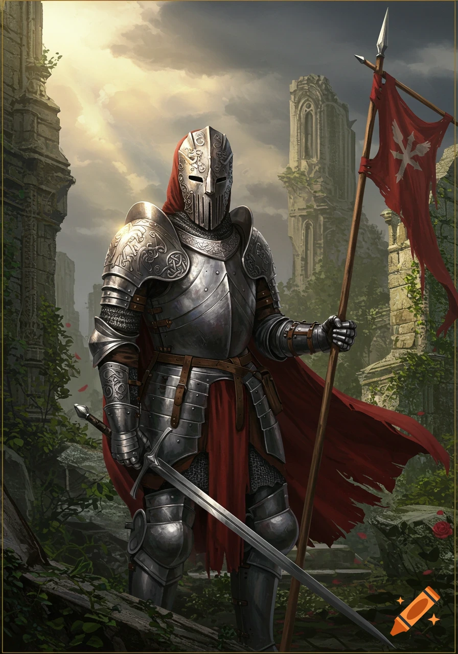 A knight in ornate silver armor and a red cloak stands amidst ancient ruins, holding a white-symbolized red flag and a longsword.
