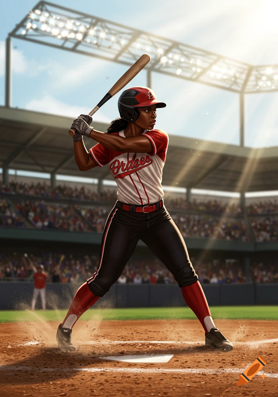 A detailed illustration of a Black woman baseball player in a red, white, and black uniform, batting in a brightly lit stadium.