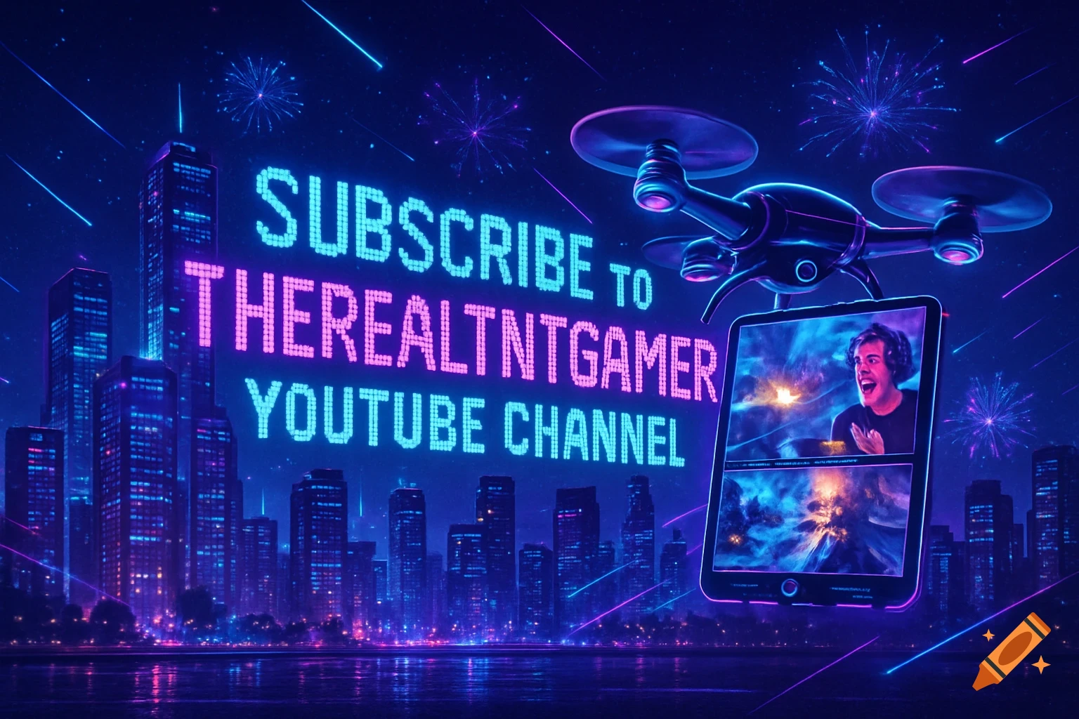 A vibrant, futuristic cityscape at night with neon signs spelling out "SUBSCRIBE TO THEREALTNTGAMER YOUTUBE CHANNEL". A drone flies above, carrying a screen displaying a gamer and abstract visuals.